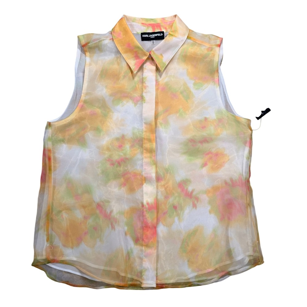 Karl Lagerfeld Watercolor Floral Sleeveless Blouse S Womens Orange Sheer Sheen